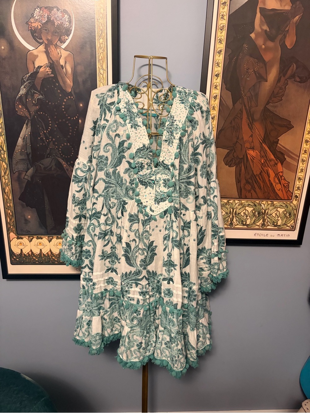 Women's Long Sleeve Floral Tunic Dress in Teal and White